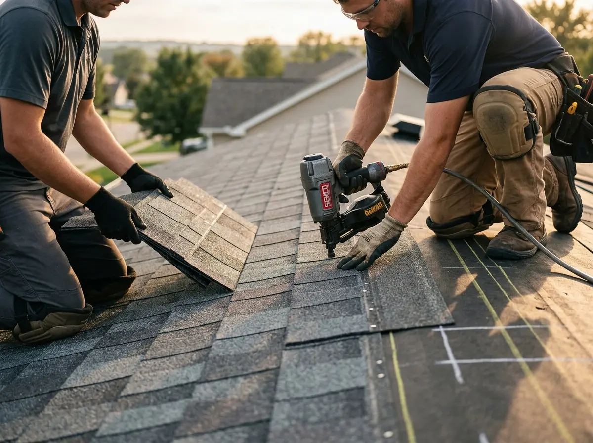 Professional roofer working on a residential roof in The Pinery